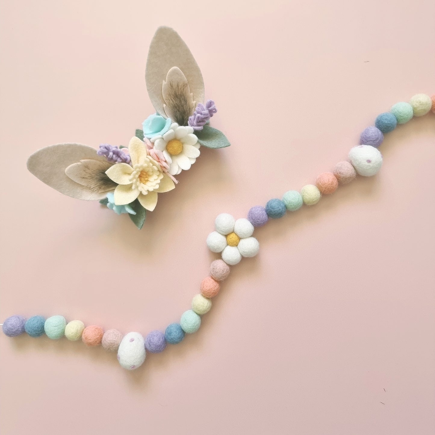 Pastel Daisy and Egg Felt Ball Garland