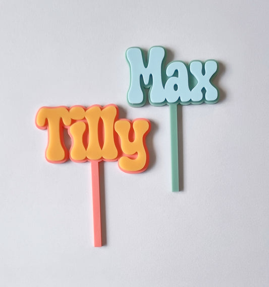 Personailsed retro 2 layer name topper/plant stake