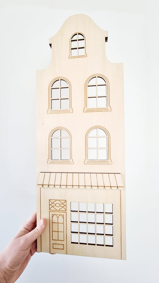 Wooden tenement house with lights