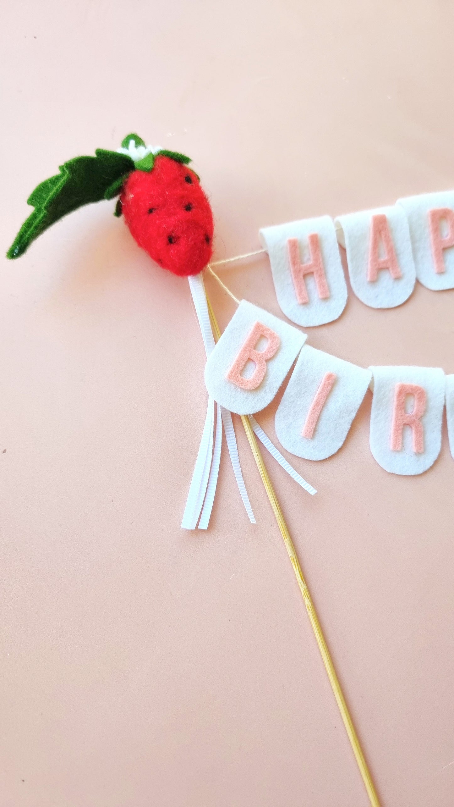 Needle Felted Strawberry topper with tiny flowers