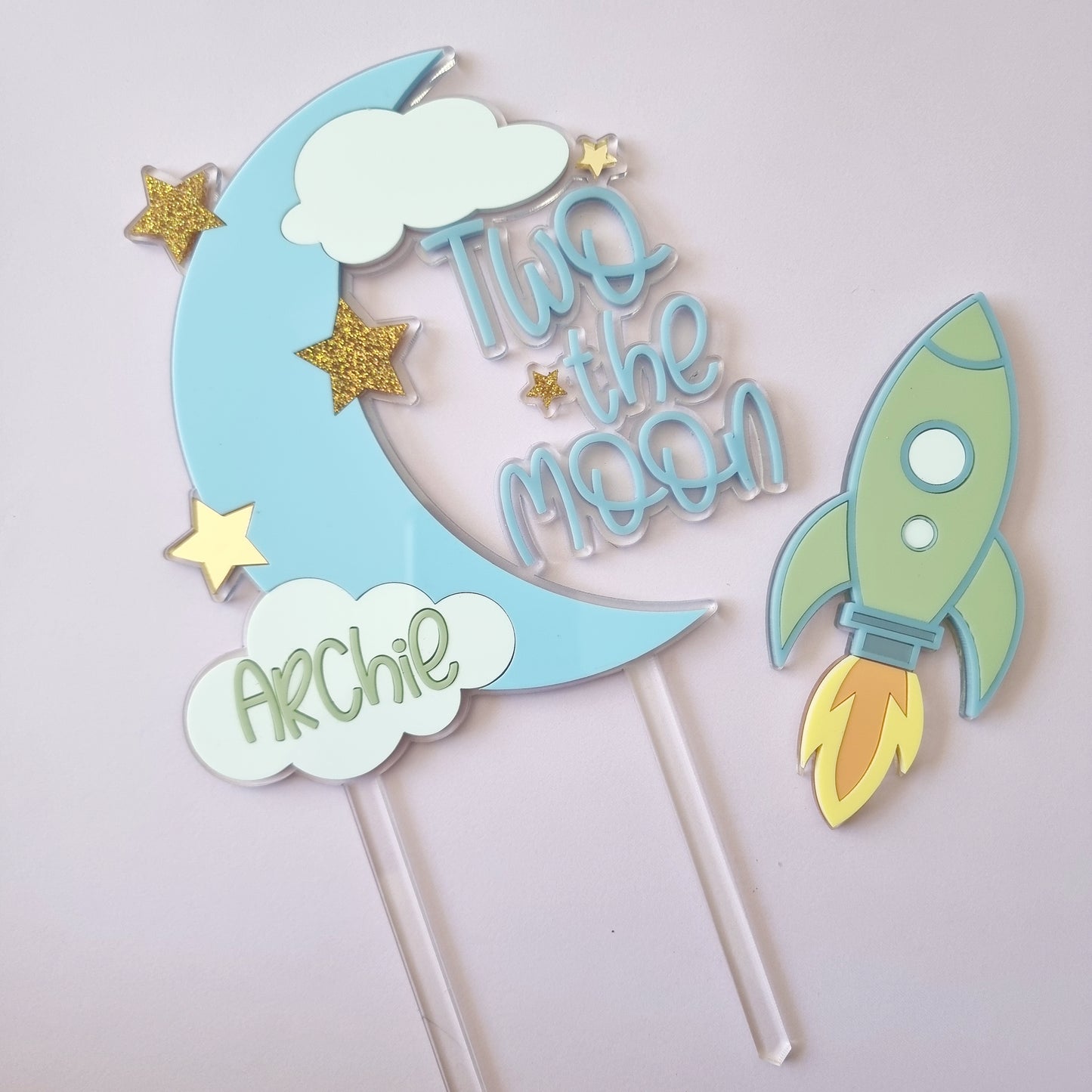 Personalised Acrylic Two The Moon Cake topper with or without Rocket add on.