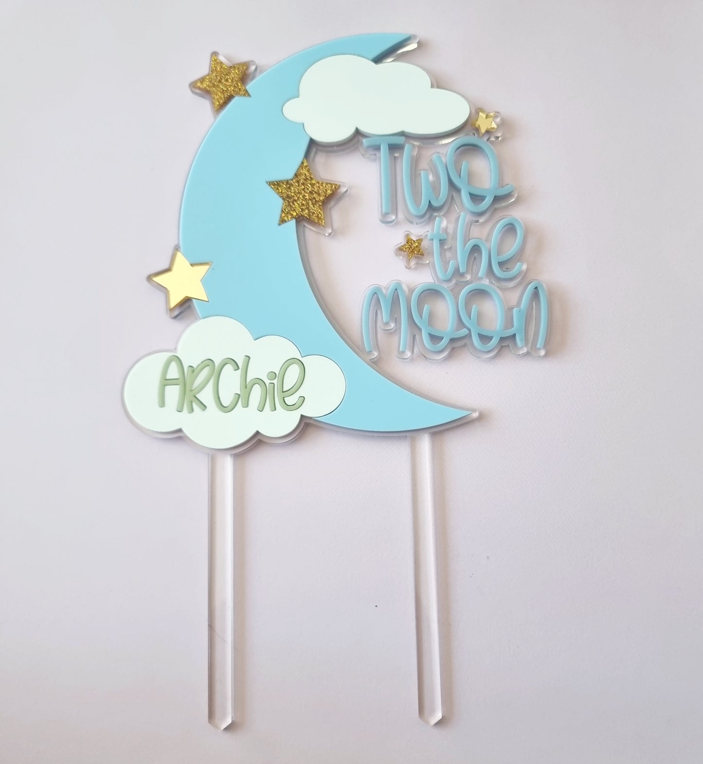 Personalised Acrylic Two The Moon Cake topper with or without Rocket add on.